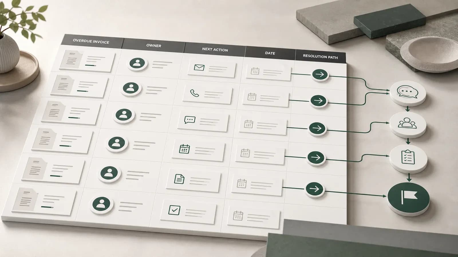 An accounts receivable queue with visible owners, next actions and resolution paths