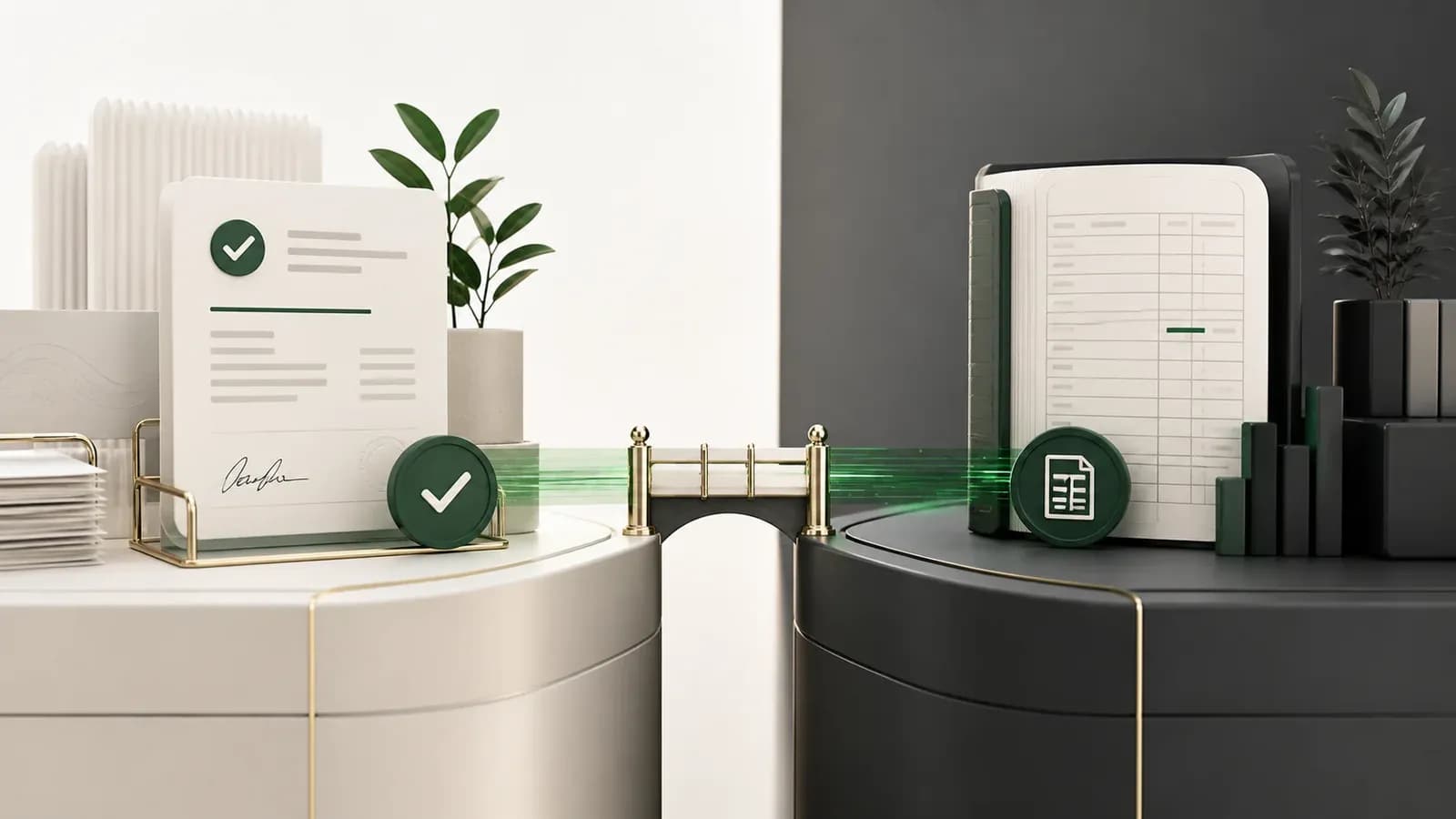 An approved invoice and payment state passing through a controlled bridge into a ledger record