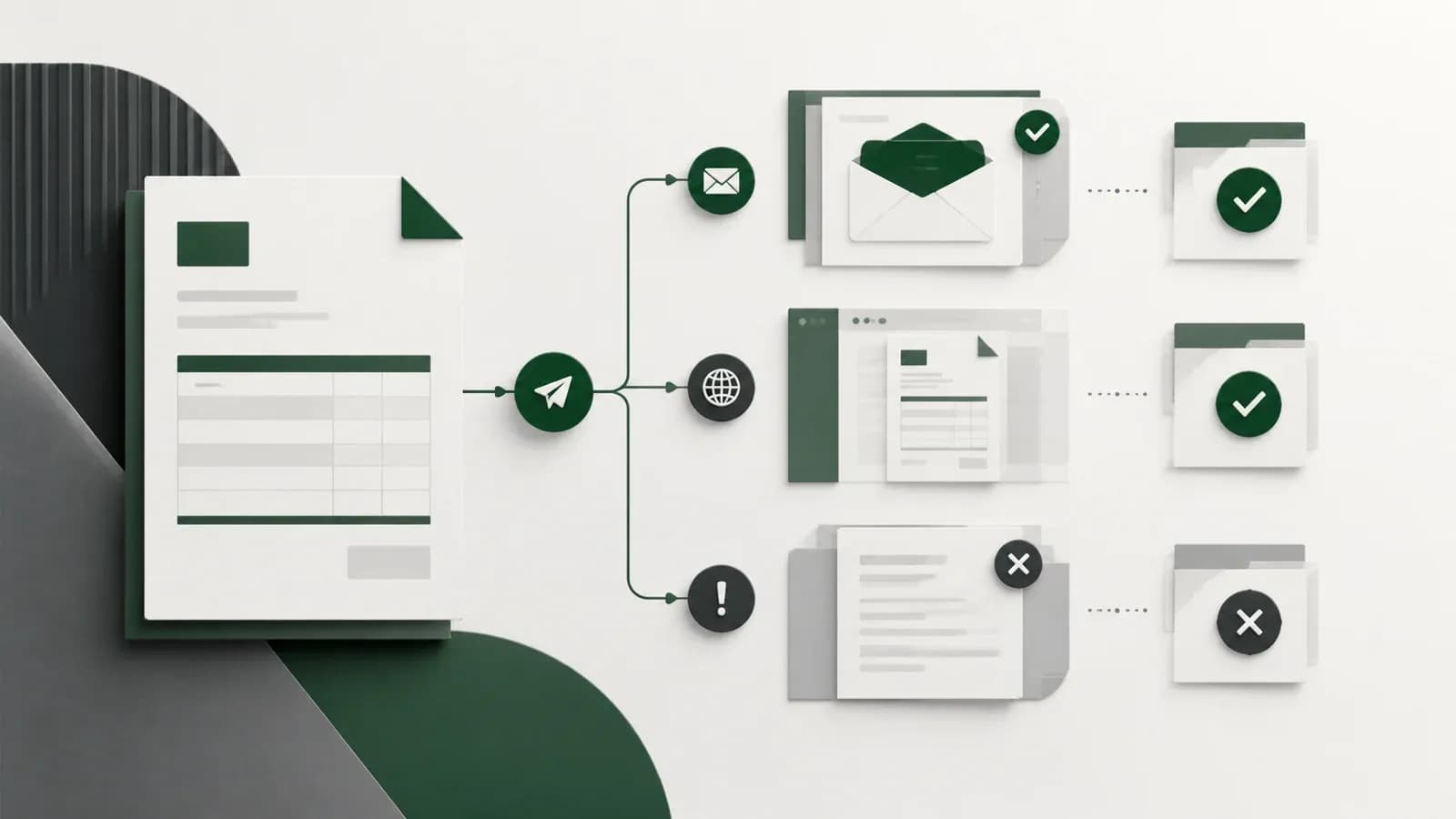 An invoice connected to email and portal delivery evidence with a failed-delivery exception