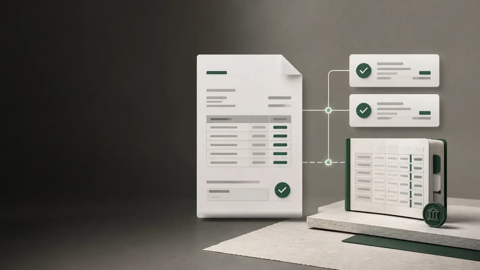An invoice, two receipts and a ledger record aligned through a controlled reconciliation trail