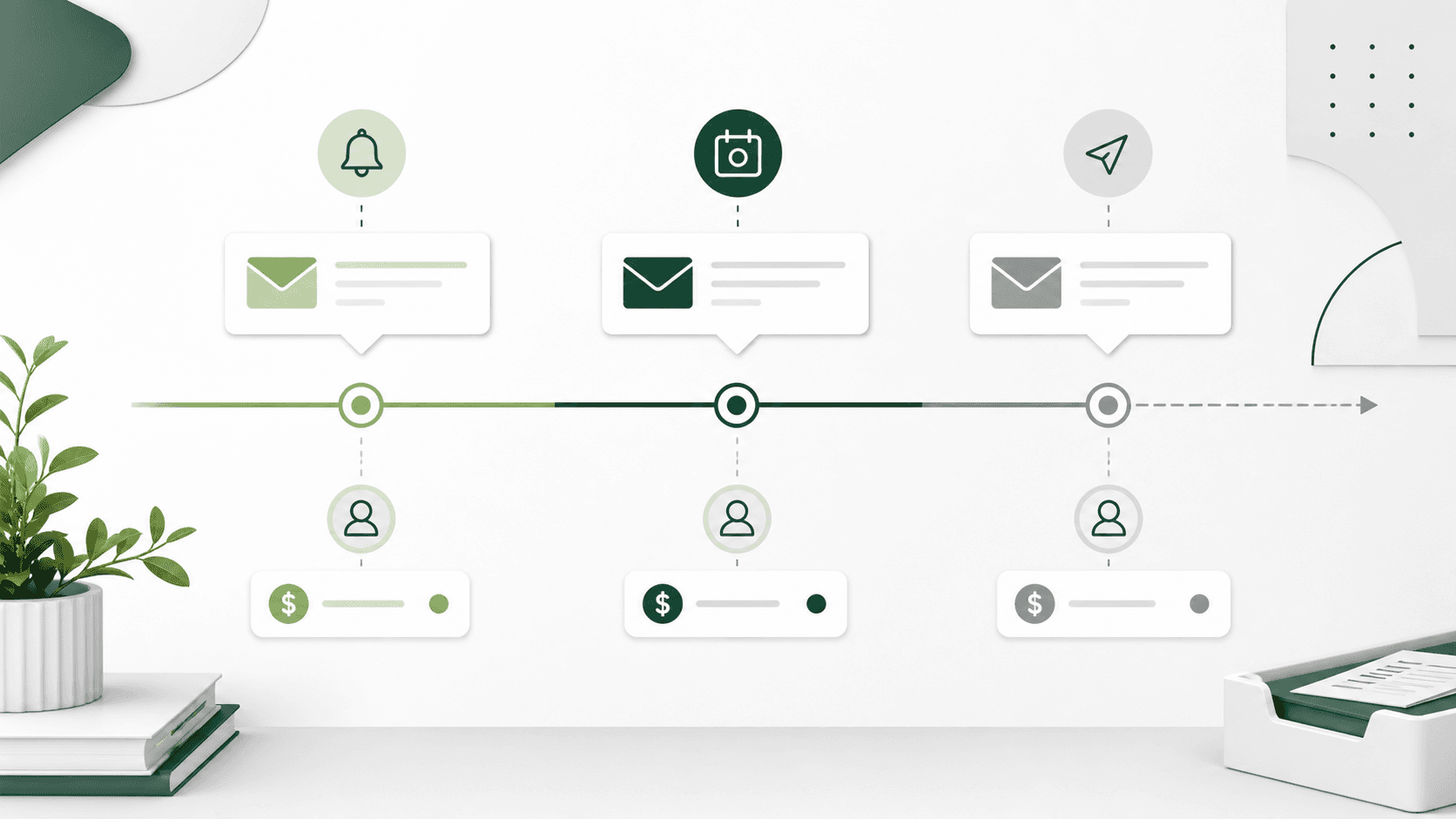 Invoice follow-up messages arranged along a controlled payment timeline