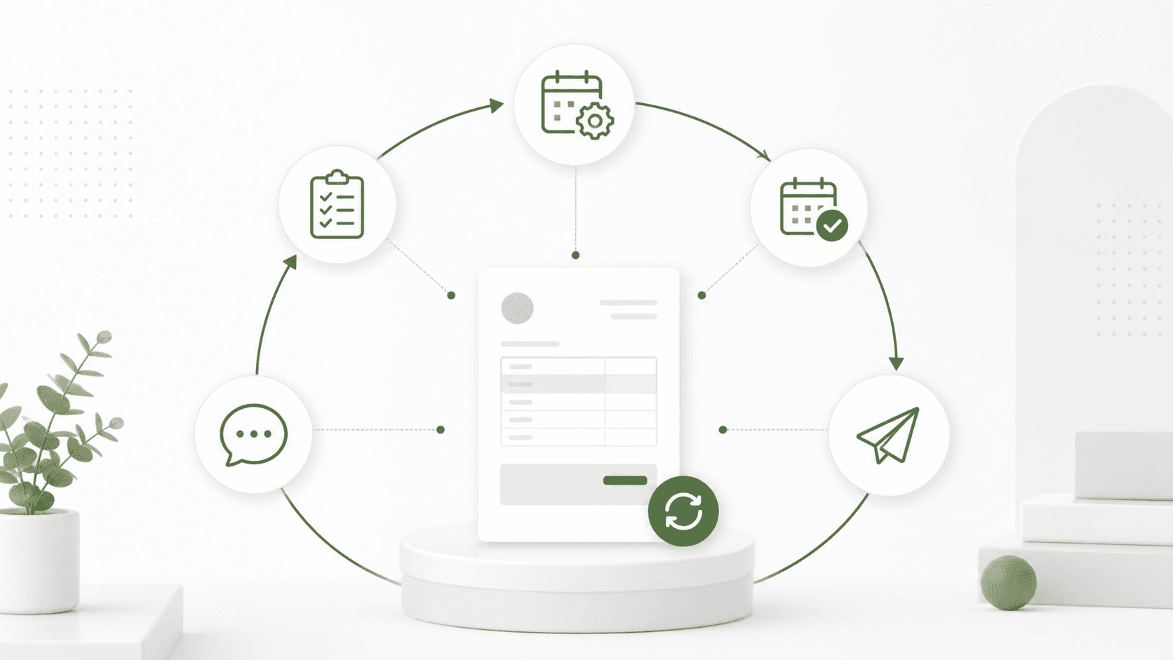 A recurring invoice surrounded by scheduling, review, sending and follow-up stages