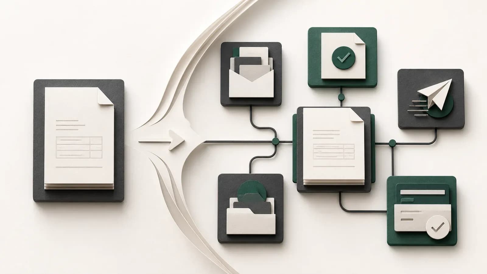 A single invoice expanding into connected source, approval, delivery, collection and payment controls