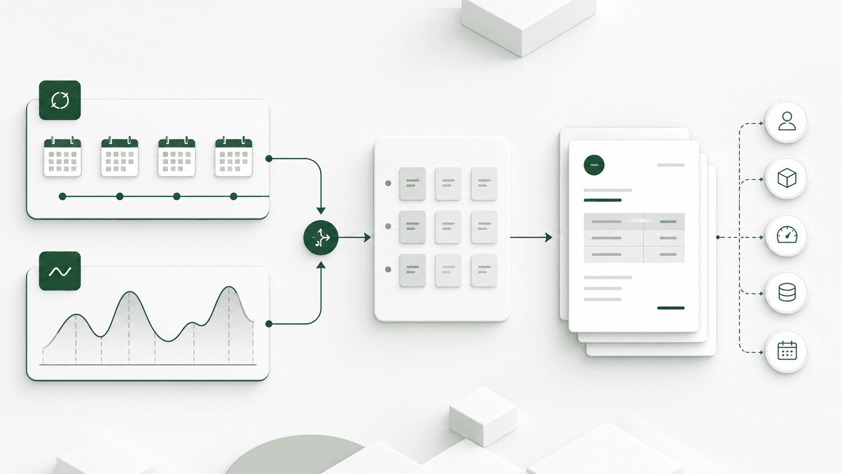 A recurring schedule and a variable usage stream converging into controlled invoice records