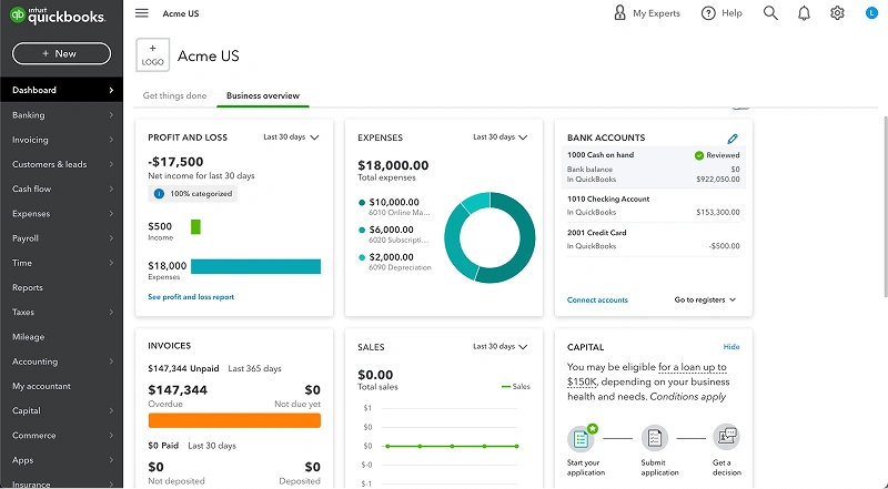 QuickBooks dashboard